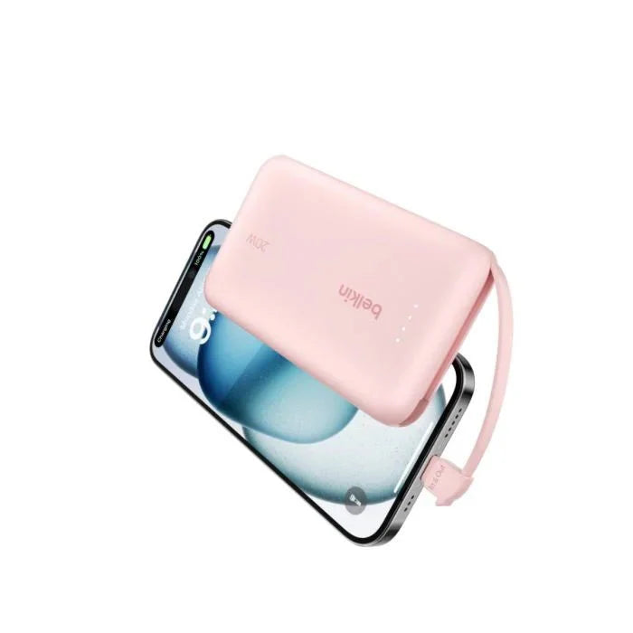 Belkin 10 000 mAh 20W Power Bank with USB - C Integrated Cable and USB - C port - Pink - Oraxxi